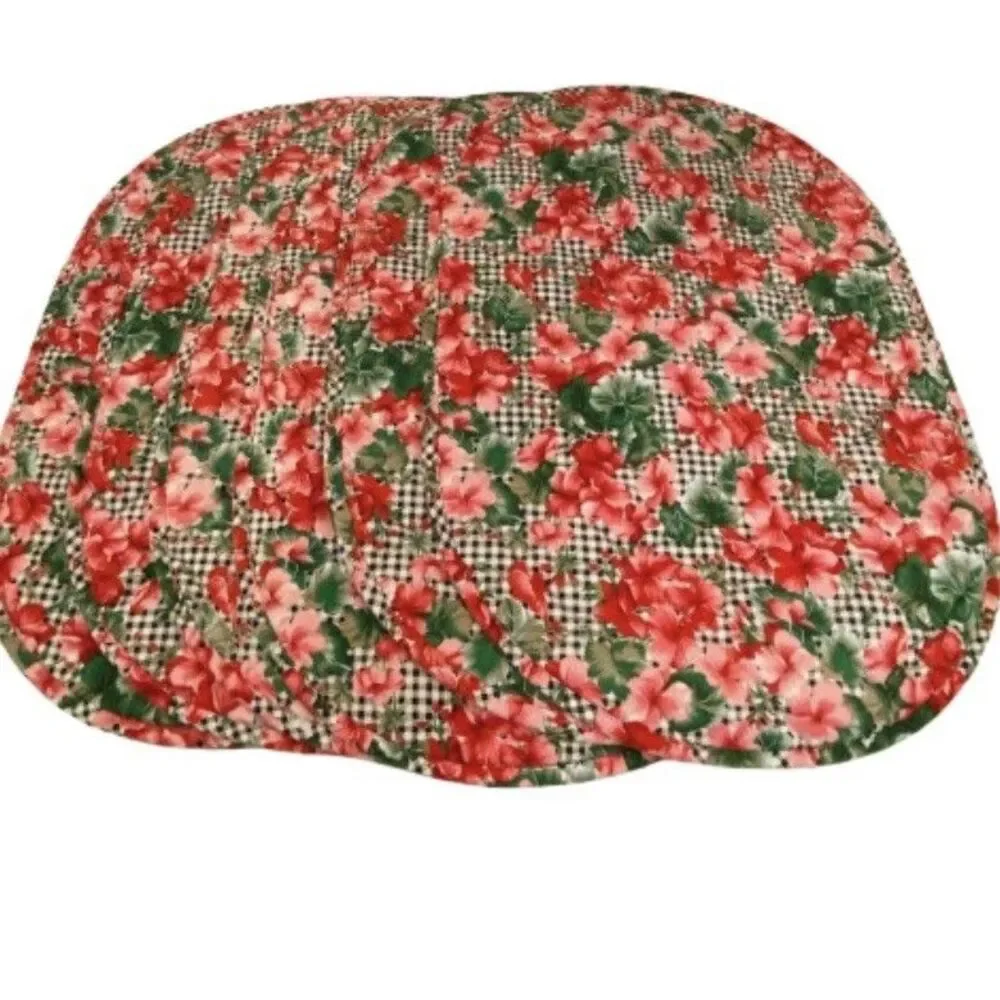 Set of 6 Vintage Floral Quilted Placemats Gingham Check Hibiscus Red Pink Oval